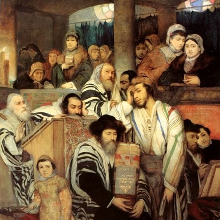 ציור המתאר תפילת יהודים ביום הכיפורים. צוייר על ידי מאוריציו גוטליב.